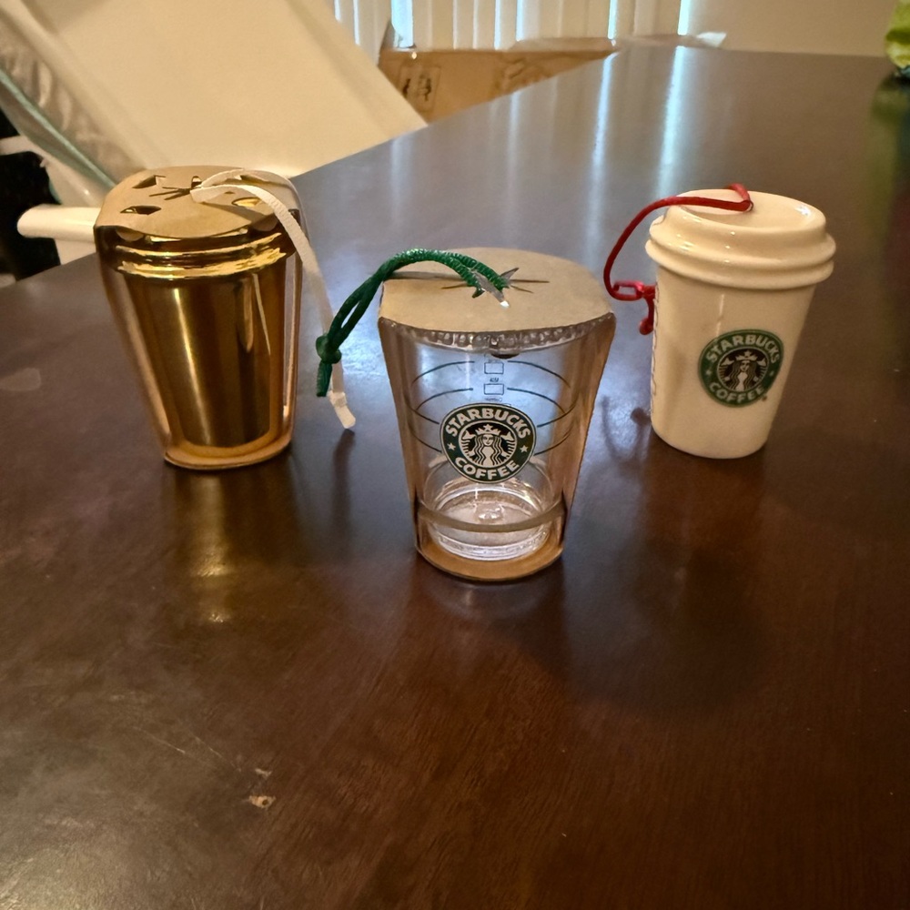 Starbucks Gold, Silver, and White Ornament Trio